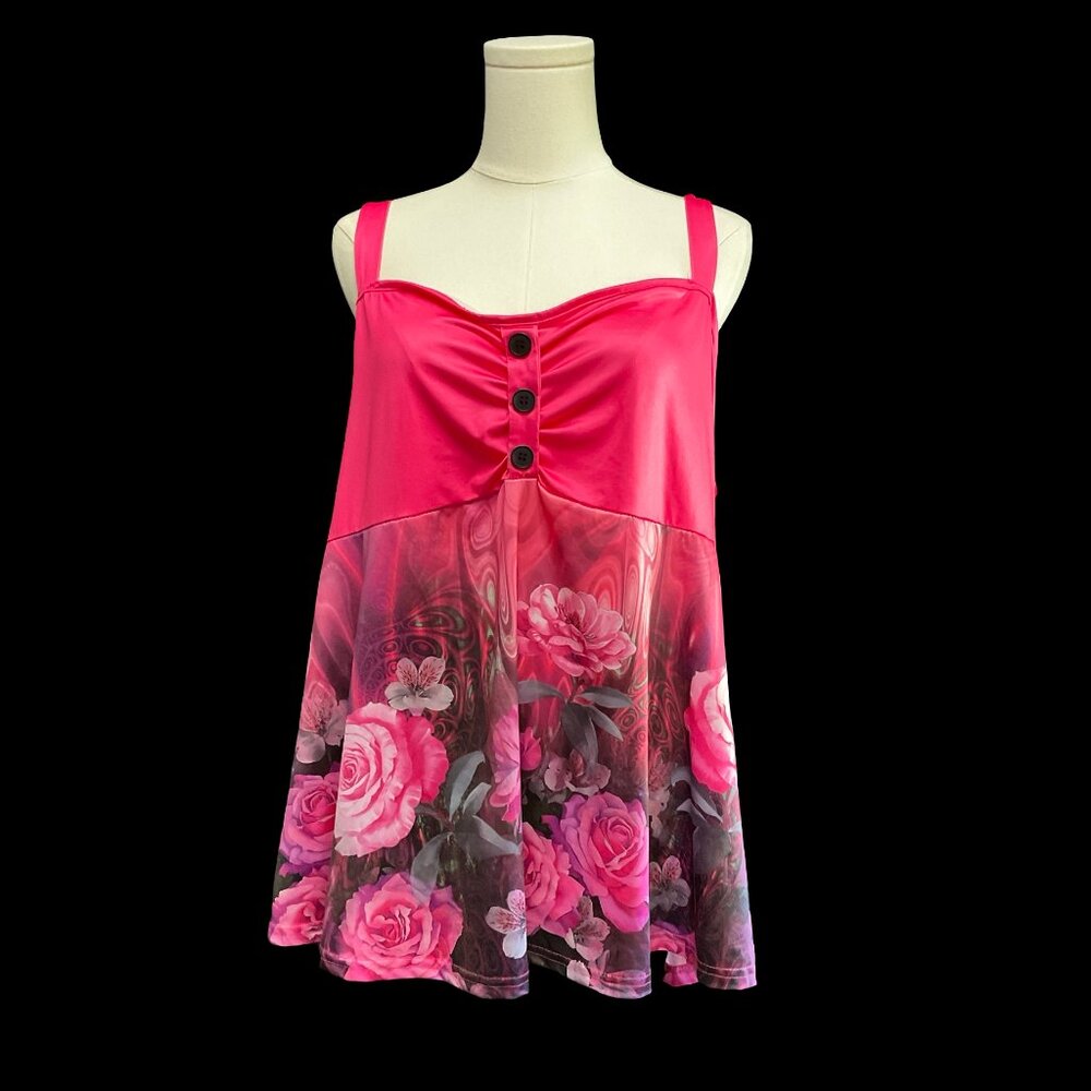 👗5/$25 - Pink Rose Print Tank w/ Ruched Bodice & Button Details